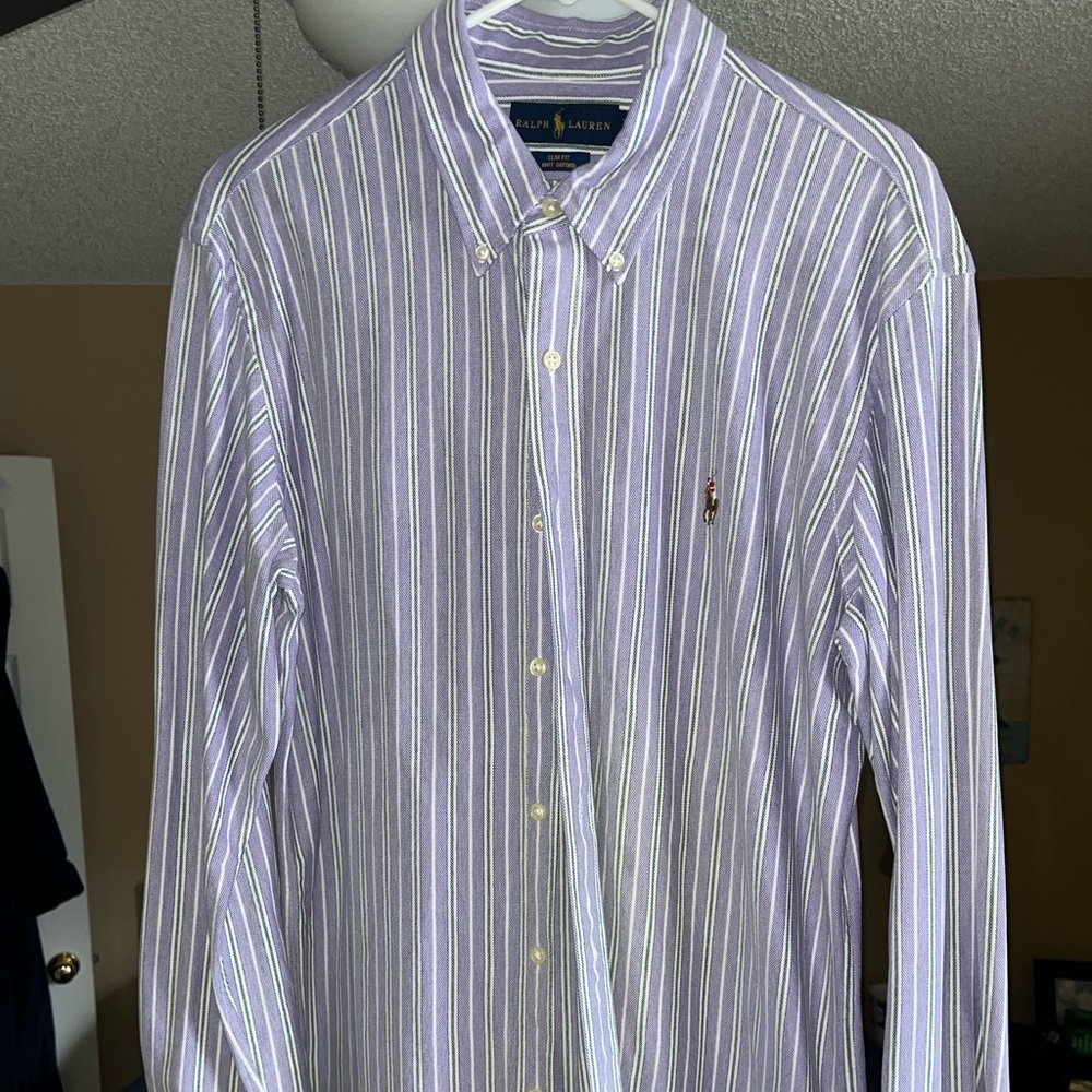 Purple stripe slim fit Oxford knit.
